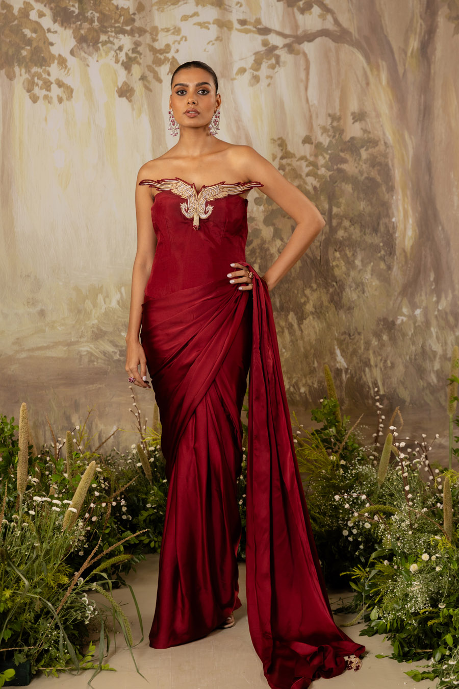 Deep Red Corset Draped Saree Set Black Thread Co