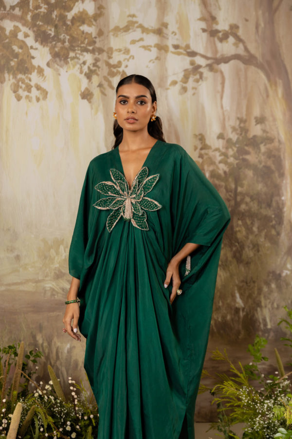 Emerald Green 3D Floral Kaftan Black Thread Co Emerald Green 3D Floral Kaftan Black Thread Co