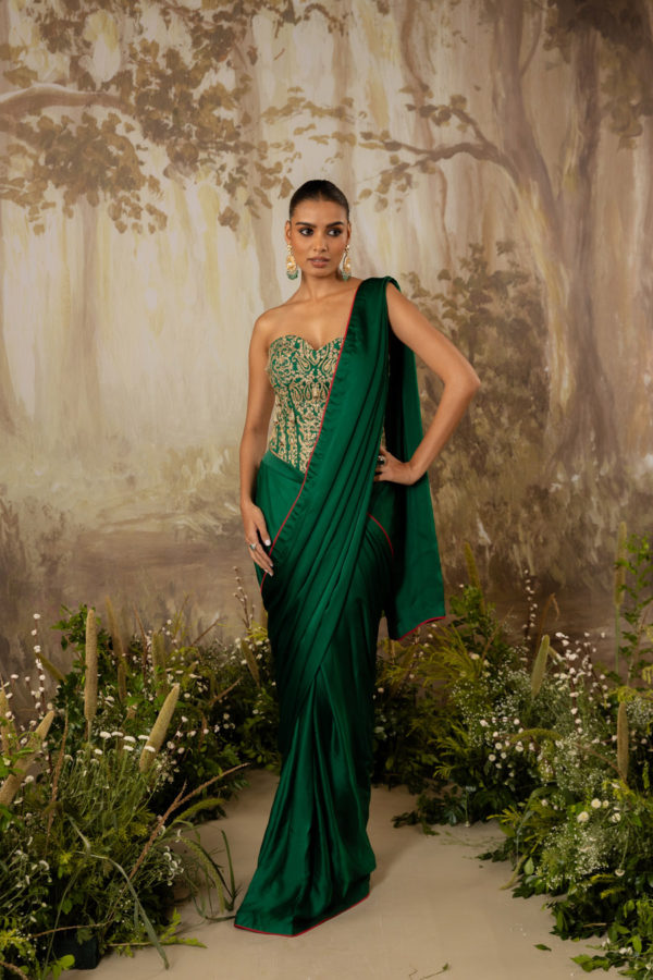 Emerald Green Heavy Corset Draped Saree Set Black Thread Co Emerald Green Heavy Corset Draped Saree Set Black Thread Co