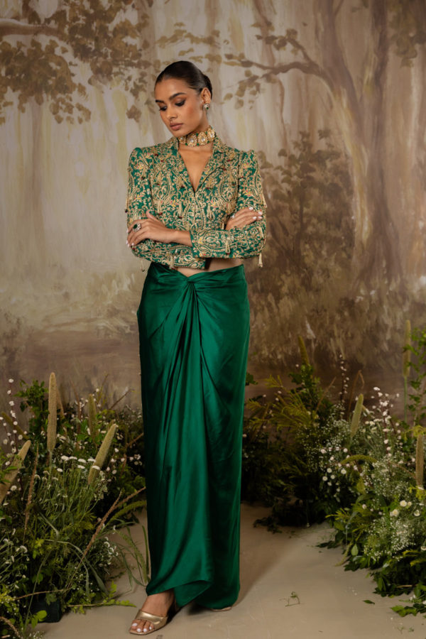 Emerald Green Tasseled Crop Jacket Set Black Thread Co Emerald Green Tasseled Crop Jacket Set Black Thread Co
