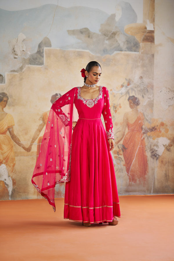 FUCHSIA PINK LONG ANARKALI SET Black Thread Co