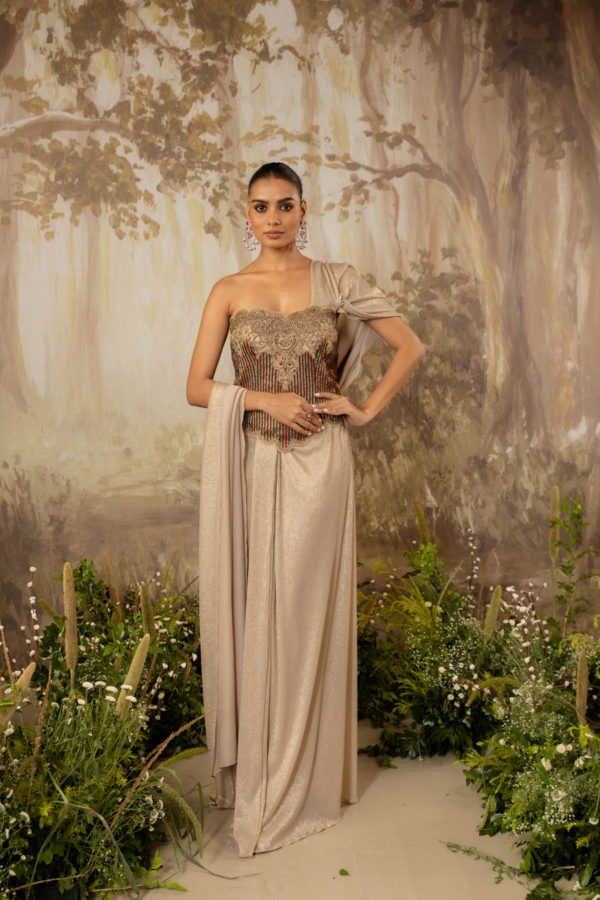 Gold Champagne Heavy Corset Draped Saree Set Black Thread Co Gold Champagne Heavy Corset Draped Saree Set Black Thread Co