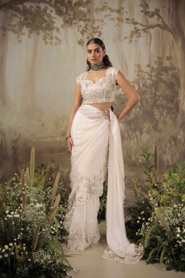 Ivory Chiffon Ruffle Saree Set Black Thread Co Ivory Chiffon Ruffle Saree Set Black Thread Co