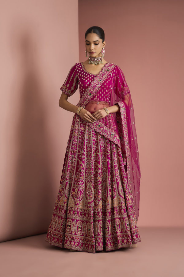 DARK PINK SILK LEHENGA SET WITH ZARDOZI EMBROIDERY Black Thread Co 3