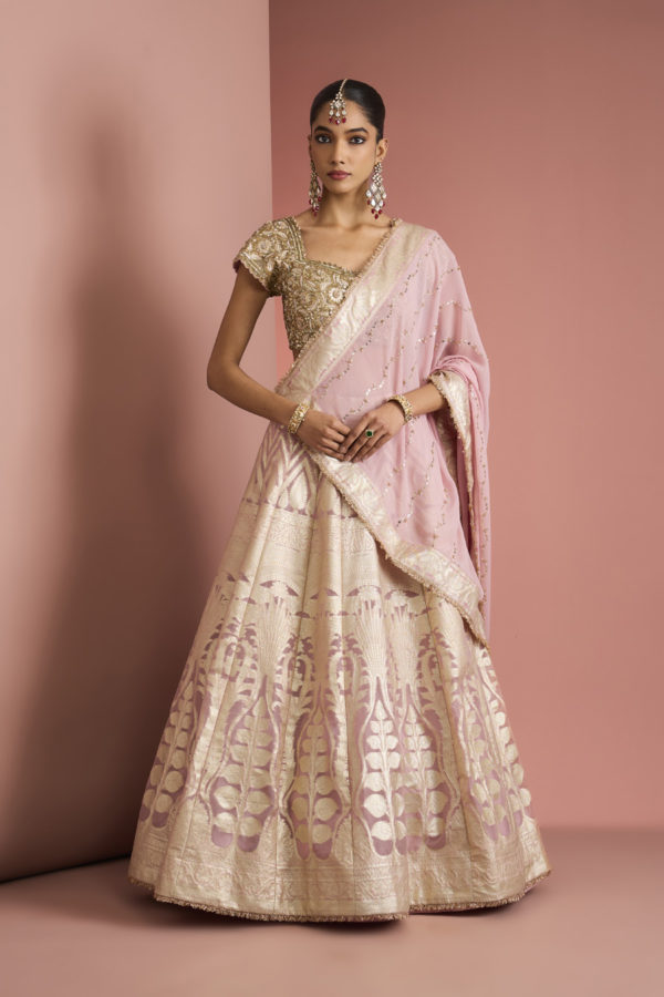 LIGHT PINK ORGANZA BROCADE LEHENGA SET Black Thread Co