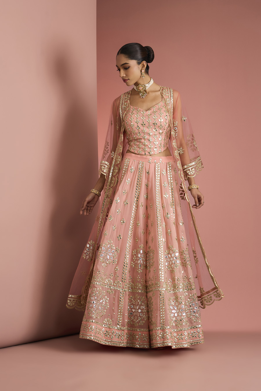 PEACH GEORGETTE HEAVY GOTA APPLIQUE WORK SHARARA CAPE SET Black Thread Co