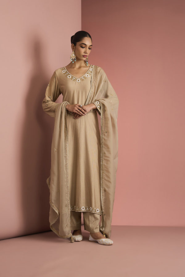 BEIGE SELF KATAN KURTA PANT SET WITH CUTDANA PEARL MIRROR EMBROIDEREY Black Thread Co