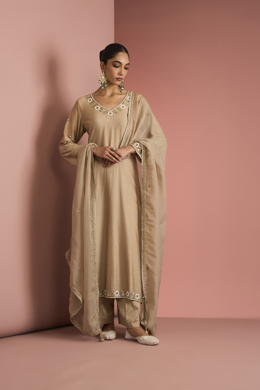BEIGE SELF KATAN KURTA PANT SET WITH CUTDANA PEARL MIRROR EMBROIDEREY Black Thread Co