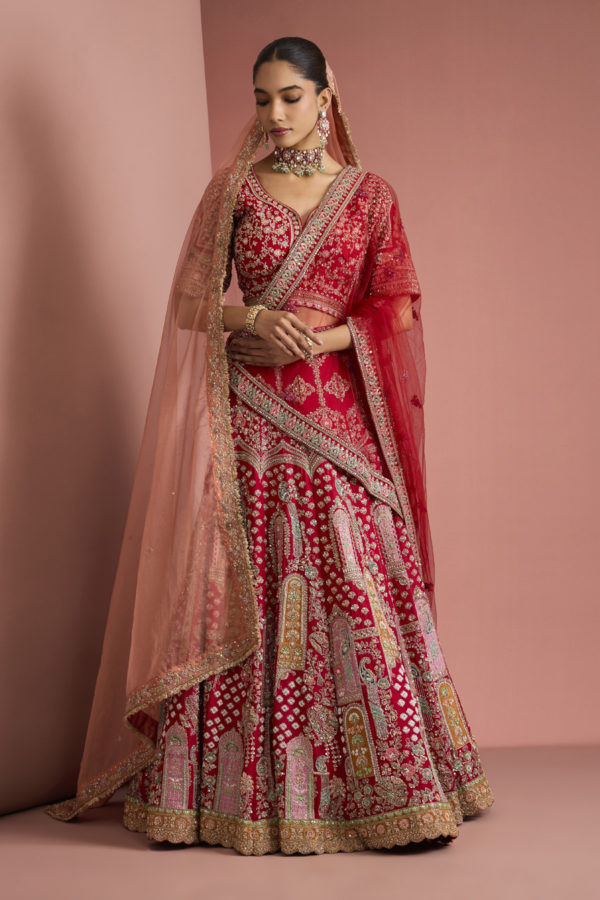 BRIDAL RED SILK LEHENGA SET WITH HAND EMBROIDERY Black Thread Co