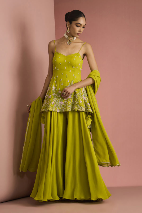 LIME GREEN CREPE BEAD WORK SHARARA SET Black Thread Co LIME GREEN CREPE BEAD WORK SHARARA SET Black Thread Co