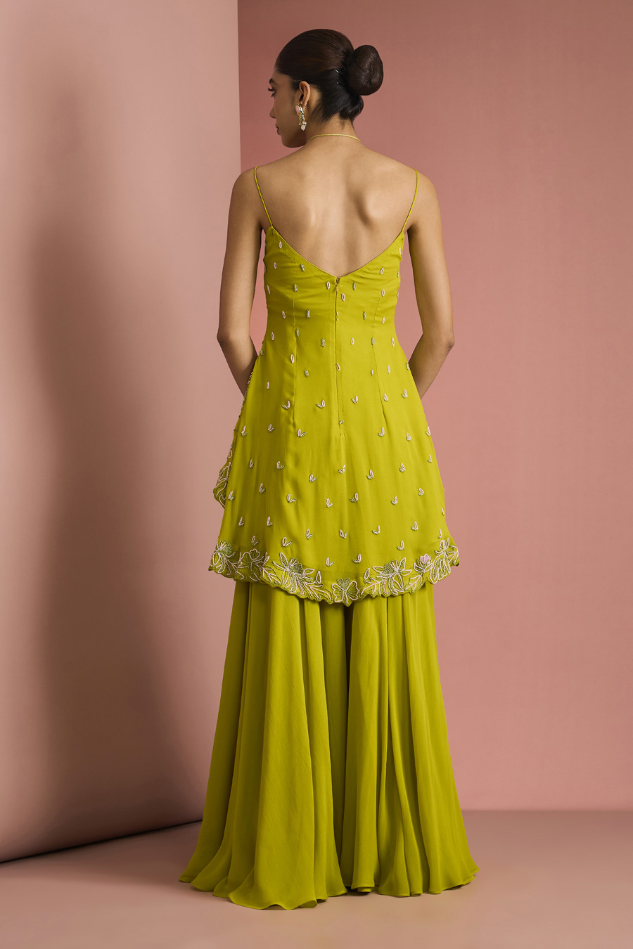 LIME GREEN CREPE BEAD WORK SHARARA SET Black Thread Co 4 LIME GREEN CREPE BEAD WORK SHARARA SET Black Thread Co 4