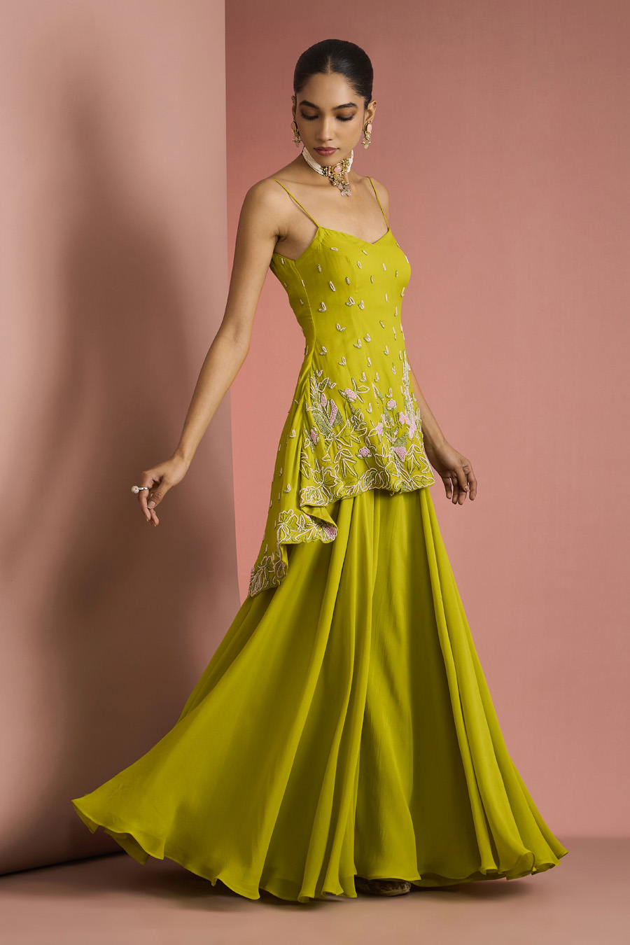 LIME GREEN CREPE BEAD WORK SHARARA SET Black Thread Co 6 LIME GREEN CREPE BEAD WORK SHARARA SET Black Thread Co 6