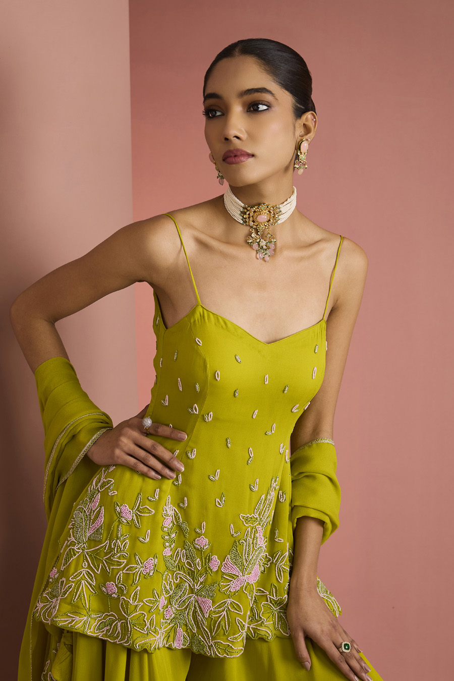 LIME GREEN CREPE BEAD WORK SHARARA SET Black Thread Co 7 LIME GREEN CREPE BEAD WORK SHARARA SET Black Thread Co 7