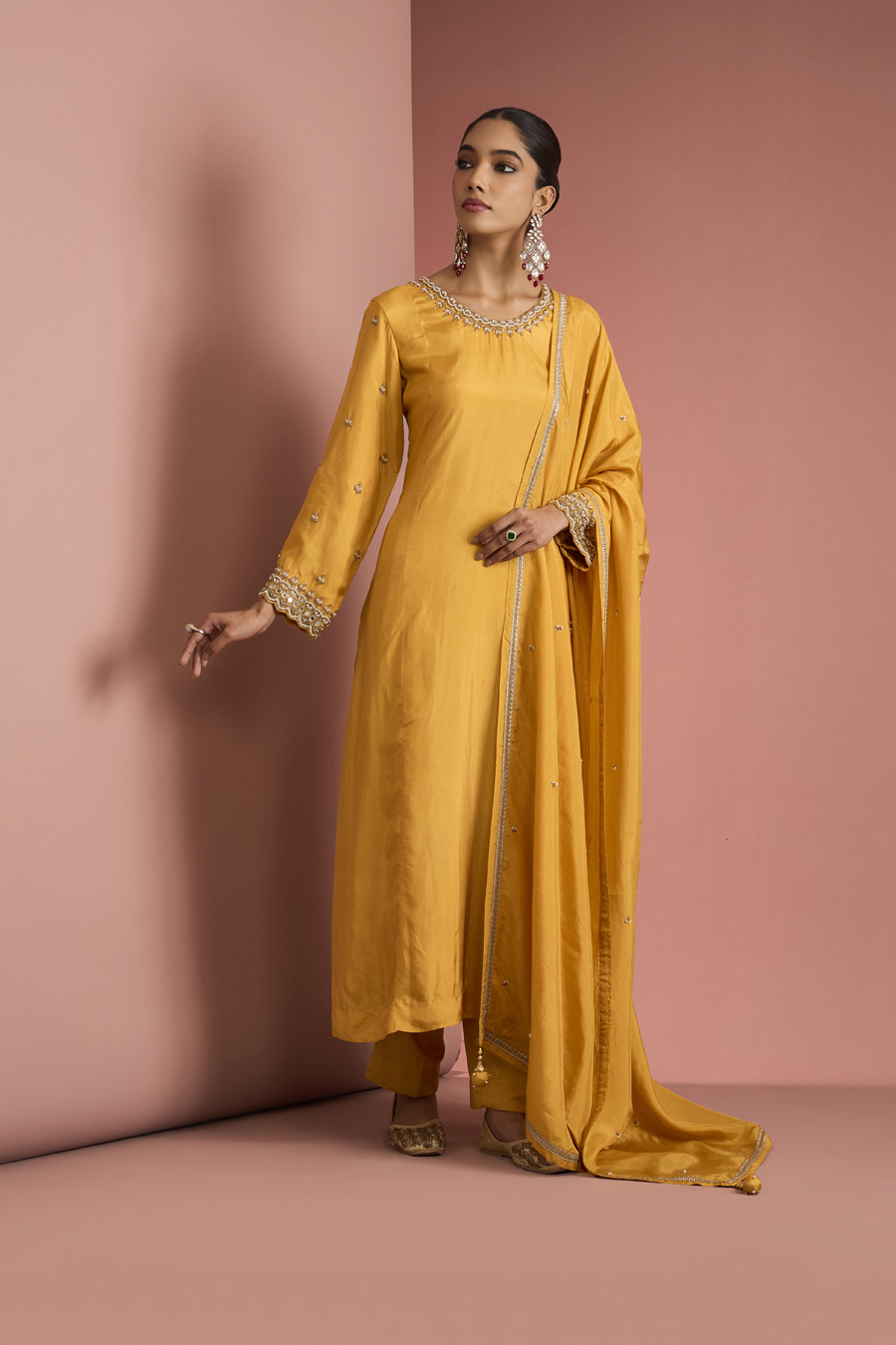 MUSTARD YELLOW OPARA SILK KURTA SET WITH HAND EMBROIDERY Black Thread Co