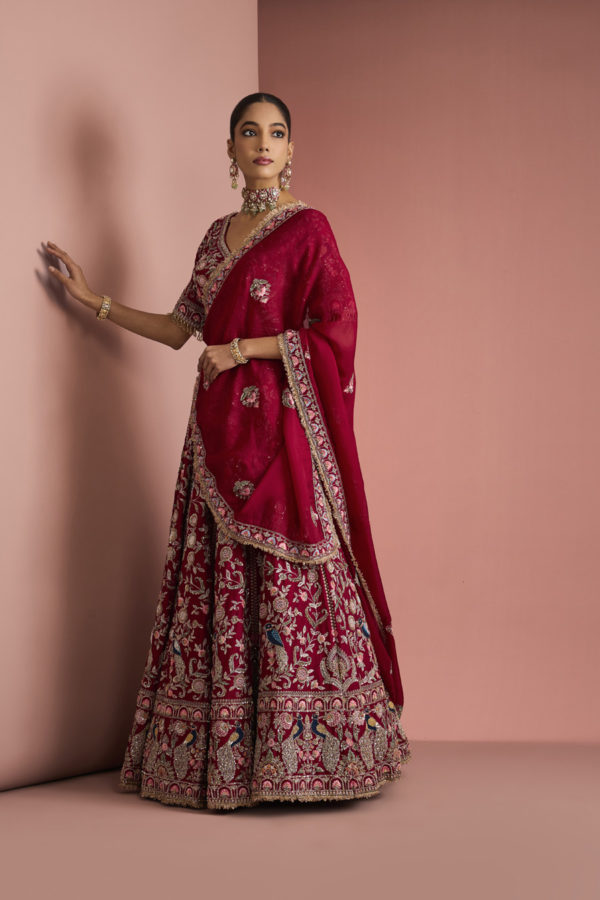 MAROON SILK HAND EMBROIDERED LEHENGA SET Black Thread Co