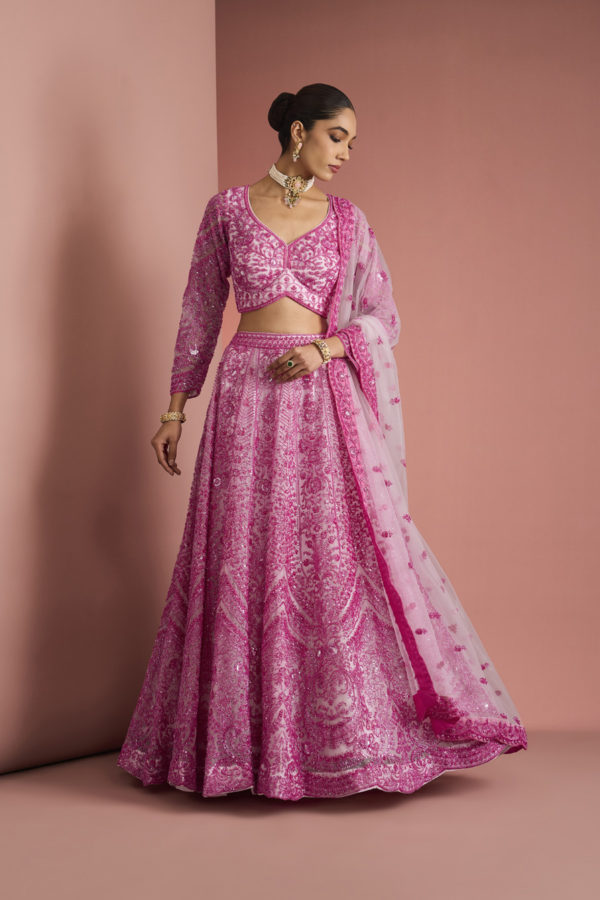 PINK NET CUTDANA WORK LEHENGA SET Black Thread Co