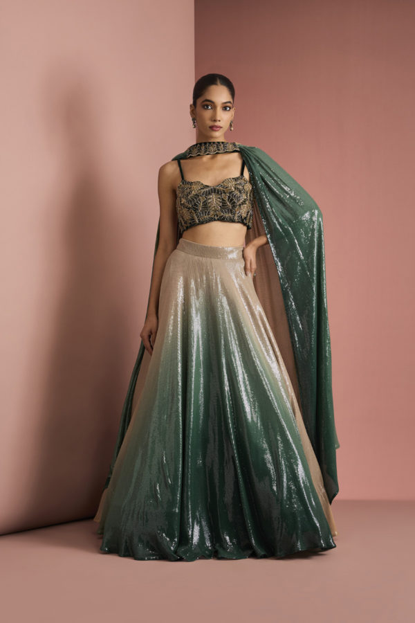 DARK GREEN SEQUINS SHEETING OMBRE LEHENGA SET Black Thread Co