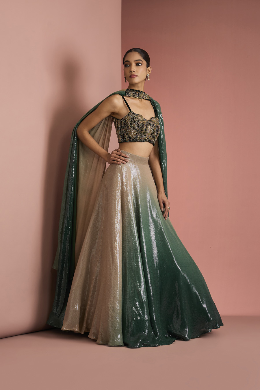 DARK GREEN SEQUINS SHEETING OMBRE LEHENGA SET Black Thread Co 5 DARK GREEN SEQUINS SHEETING OMBRE LEHENGA SET Black Thread Co 5