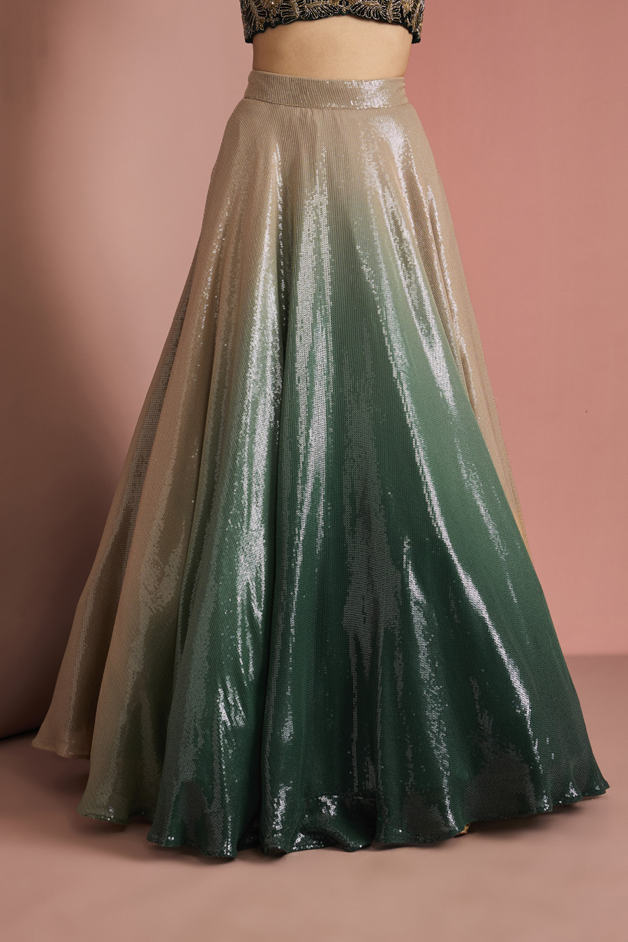 DARK GREEN SEQUINS SHEETING OMBRE LEHENGA SET Black Thread Co 6 DARK GREEN SEQUINS SHEETING OMBRE LEHENGA SET Black Thread Co 6