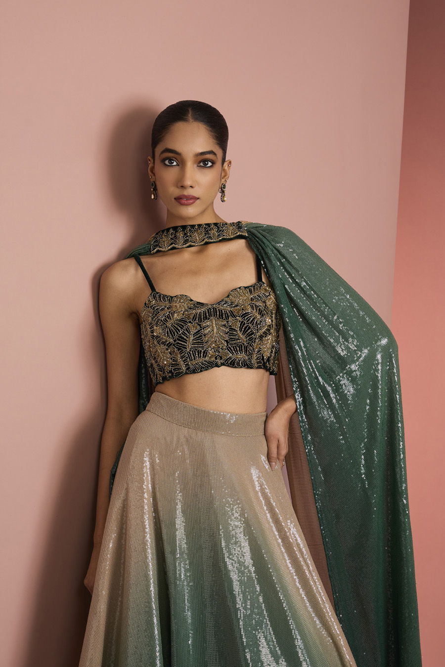 DARK GREEN SEQUINS SHEETING OMBRE LEHENGA SET Black Thread Co 7 DARK GREEN SEQUINS SHEETING OMBRE LEHENGA SET Black Thread Co 7