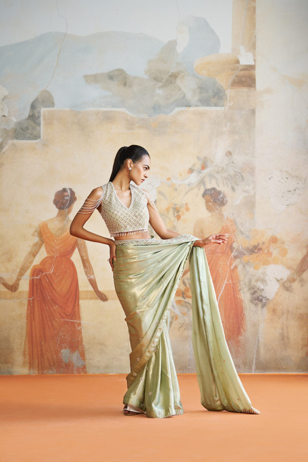 MINT GREEN PEARL SAREE SET Black Thread Co MINT GREEN PEARL SAREE SET Black Thread Co