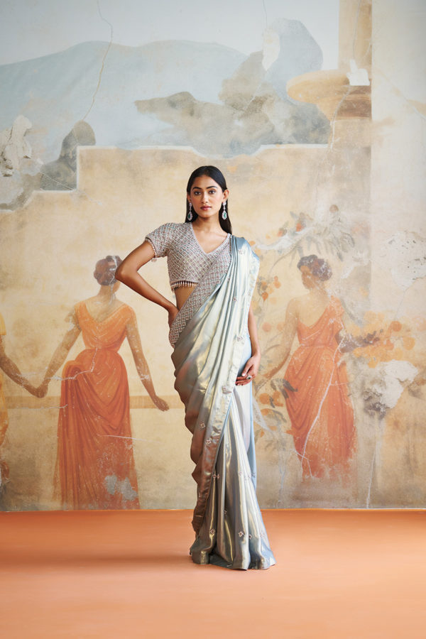 PEARL GREY EMBROIDERED SAREE SET Black Thread Co PEARL GREY EMBROIDERED SAREE SET Black Thread Co