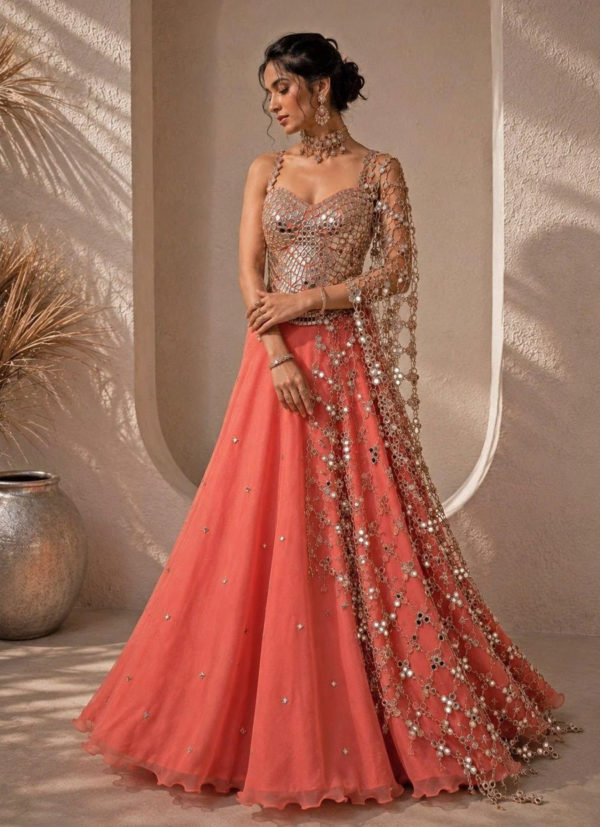 Coral Organza Lehenga Set with Corset Blouse Black Thread Co Coral Organza Lehenga Set with Corset Blouse Black Thread Co