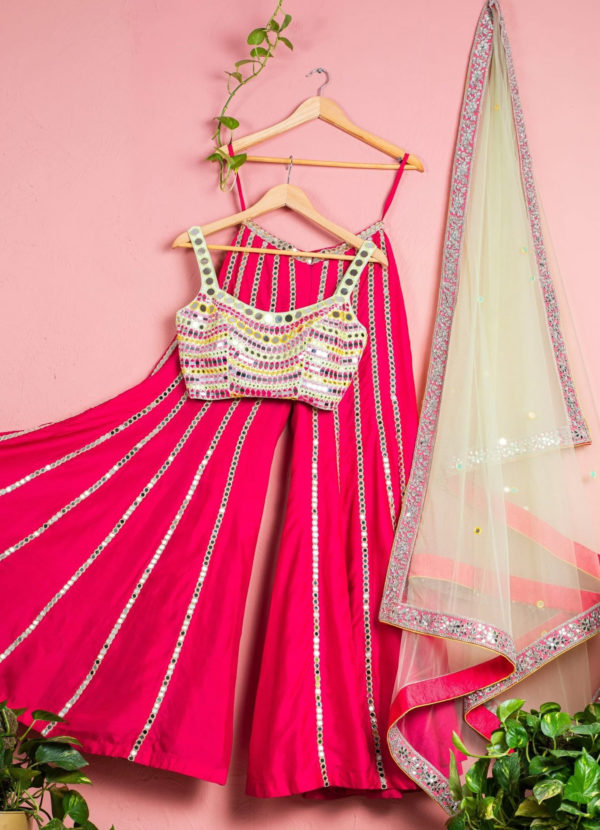 Fuchsia Pink Sharara Pants With Multicolour Mirror Blouse Black Thread Co Fuchsia Pink Sharara Pants With Multicolour Mirror Blouse Black Thread Co