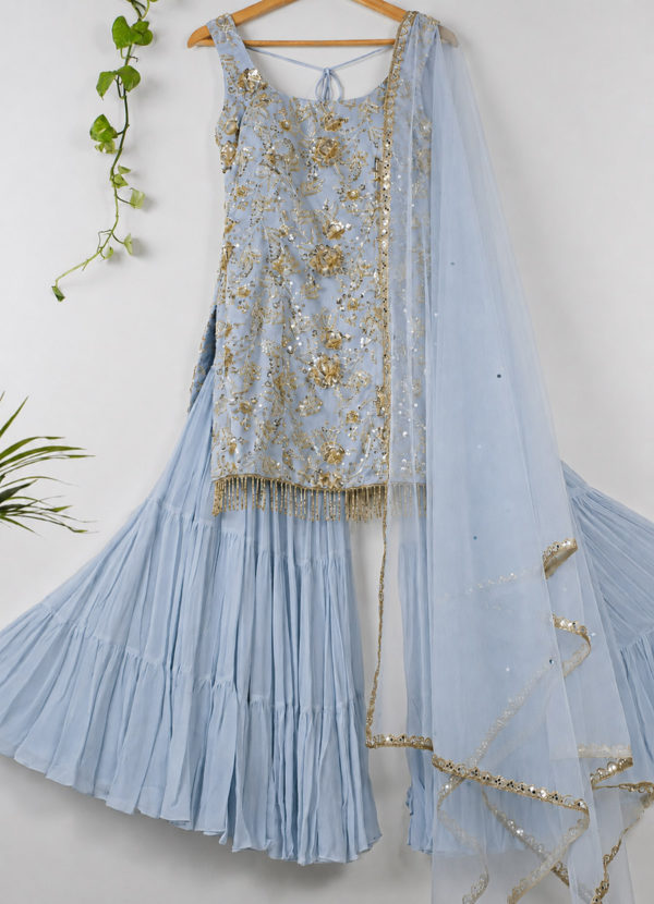 Light Blue Sequinned Kurta Sharara Set Black Thread Co Light Blue Sequinned Kurta Sharara Set Black Thread Co