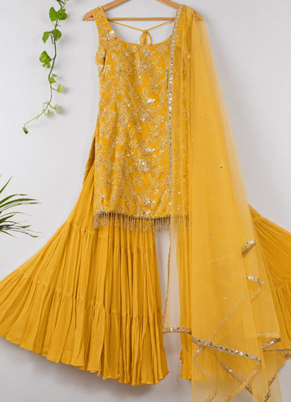 Yellow Sequinned Kurta Sharara Set Black Thread Co Yellow Sequinned Kurta Sharara Set Black Thread Co